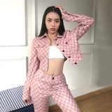 Kukombo Women's Autumn Plaid Pant Sets Single-breasted Long Sleeve Turn-down Collar Short Jacket High Waist Zipper Button Flare Pants