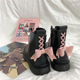 Kukombo Women's Shoes Ankle Boots Bow Casual Black Flats Platforms Kawaii Lolita Pink Fashion 2022 Spring Autumn Harajuku