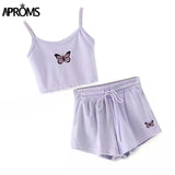 Christmas Gift Aproms Yellow Velvet Crop Top and Shorts Women 2 Pieces Set Summer Embroidery Cami Drawstring Shorts Female Loungewear Suit 2021