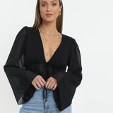 Kukombo Summer Casual Tee Tops Women Tshirts Long Flare Sleeve Solid V-Neck Tees Cropped Shirts Ruffies Short Shirt Tops