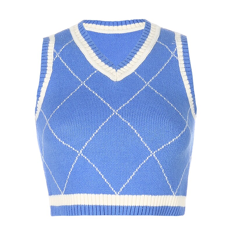 Christmas Gift HEYounGIRL  Argyle Sleeveless Sweater Vest Women Preppy Style V Neck Knitted Crop Jumper Autumn Casual Plaid Tank Knitwear