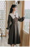 Kukombo Preppy Style Dress Women Spring 2022 French Double Collar Fashion Sweet Long Sleeved Elegant Dress Vestidos Autumn With Belt