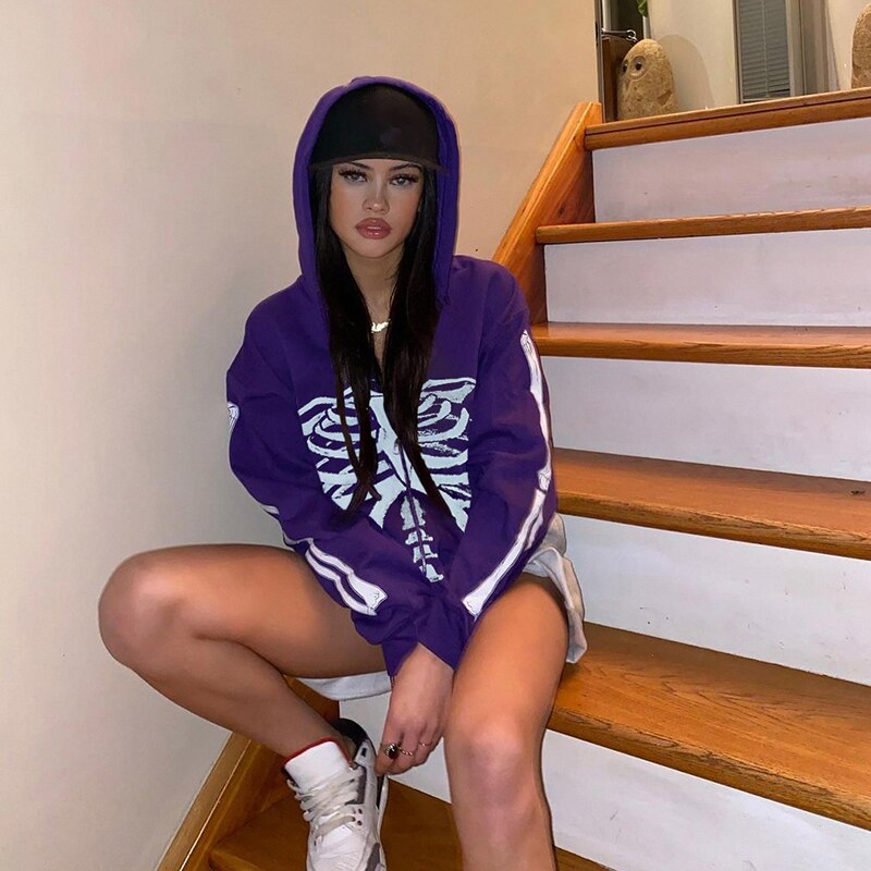 Kukombo Skeleton Printed Zip Up Hoodie Grunge Clothes Women Hip Hop Streetwear Sweatshirts Long Sleeve Jackets Tee Tops 90S Streetwear