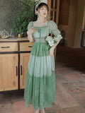 Kukombo Mori Girl Green Gentle Fairy Summer Chiffon Dresses Puff Sleeve Square Neck Elegant French Retro Floral Dress Vestidos De Fiesta