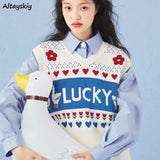 Kukombo Vests Women Lovely Girls Soft Popular Spring Preppy Style Ulzzang V-neck Casual Floral Pattern Knitwear Student Aesthetic Simple K16
