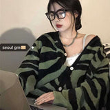 Kukombo Korean Fashion Oversized Zebra Print Cardigan Sweater Autumn Winter Casual Loose Female Knitted V-Neck Jumper Women Cardigan