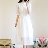 Kukombo Summer Dress Women's White Lace Dresses Short Sleeve Stand Collar 2022 Spring New Sweet High Waist Over The Knee Female Vestidos