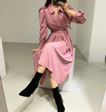 Office Lady Turn-Down Collar Ruched Sleeve A-Line Dress Women Solid Bandage Waist Female Dress Spring Vestidos Femme