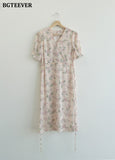 Christmas Gift BGTEEVER Summer Floral Print Chiffon Dress Women V-neck Short Sleeve Lace-up Female Dress Mid-length Loose Vestidos Femme 2021