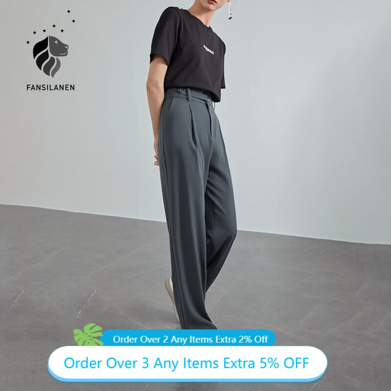 Christmas Gift FANSILANEN Office Lady Mopping Pants Women 2021 Summer Straight Loose Casual Suit Pants High Waist Drape Wide Leg Trousers