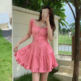 Kukombo  Japanese Kawaii Princess Dress Women Pink Fairy Ruffles Party Mini Dress 2022 Female Summer Korean Puff Sleeve Slim Sweet Dress