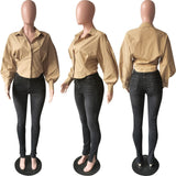 Kukombo Women Long Lantern Sleeve Button Shirt Elegant Chic Tunic Blouse Tops