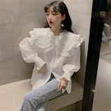 Kukombo Women Shirts Lovely Vintage White Female Sweet Leisure Lantern Sleeve Students Ruffle Tops Mujer Blusas Chemisier Fashion New