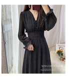 Kukombo Summer Women Printed Ruffles Dress Lady V-Neck Short Sleeve Chiffon Dress Female High Waist A-Line Vestidos