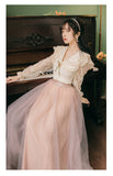 Kukombo 2 Piece Set Women Outfits Sweet Elegant Skirt Suit Flare Sleeve Cute Doll Collar Lace Shirt Top And Fairy High Waist Mesh Skirt K151