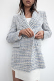 Kukombo Women Fashion Texture Double Breasted Check Blazer Coat Vintage Long Sleeve Pockets Female Outerwear Chic