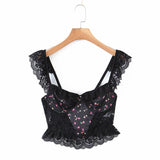 Kukombo Romantic Lace Patchwork Crop Top Women Back Hollow Out Sleeveless Sexy Tank Top Vintage Black Fashion Summer Tops