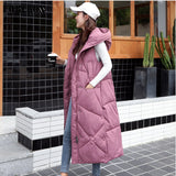 Christmas Gift Extra Long Vest Women Winter Hooded Warm Sleeveless Jackets Solid Bodywarmer Cotton Padded Gilet Long Femme