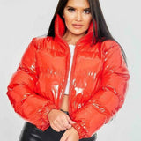 Kukombo Women Winter Coat PU Short Orange Puffer Jacket Bubble Fashion Glossy Shiny Cotton Padded Standard Collar Warm Outwear