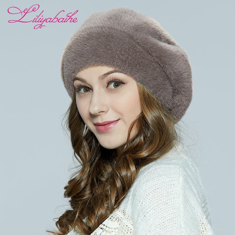 Christmas Gift Women's Winter Beret Angora and Faux Fur Beret Volumetric Hat with Leg Warm Hat