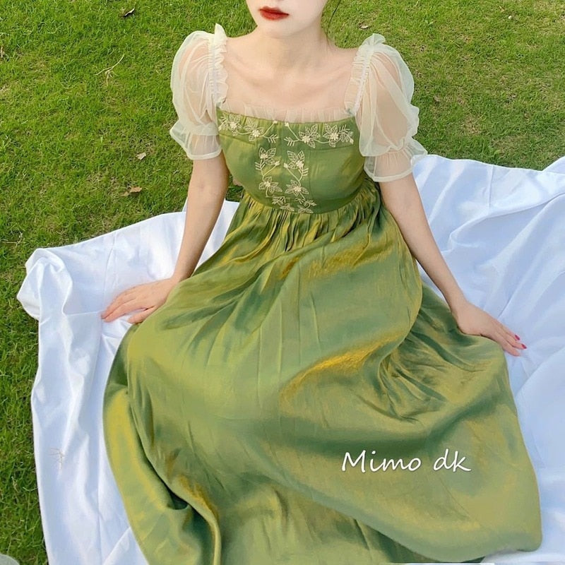Kukombo Summer Elegant Green Dress Women French Vintage Lace Patchwork Sweet Dresses Princess Midi Short Sleeve Holiday Dresses 2022