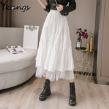 Kukombo 2022 Women Winter Tulle Long Skirt High Waist Ruffles White Pleated Skirts Gothic Black Jupe Femme Skirt Saia Midi Faldas Girls