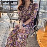 Christmas Gift BGTEEVER Elegant Spring Summer Dress for Women Chic V-neck Floral High Waist Female Dress 2021 Purple Chiffon Vestidos femme
