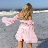 Kukombo Slash Neck Mini Dress Women Summer Beach Vacation Long Sleeve Corset Bandage Sundress Party Casual Dresses Pink