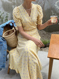 Kukombo Summer Dress Soft V-neck Floral Print Ladies Midi Dress Short Sleeve Lace-up Slim Waist Female Dress Women Vestidos