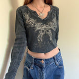 Kukombo Goth Print Cute Graphic T Shirts Women Black Techwear Long Sleeve Basic Autumn Tops Cropped Tee Shirt Girl Streetwear
