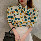 Christmas Gift Shirts Women Print Turn-down Collar Puff Sleeve Summer Fashion Loose Leisure Single Breasted Ladies Tops All-match Chic Popular