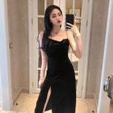 Graduation Gift Big Sale  New 2023 Vintage Women Dress Spaghetti Strap Slit Velvet Black Dress Sexy Bodycon Bandage Dress Midi Party Dress Verano Vestidos