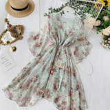 Kukombo Women Chiffon Dress 2022 Summer Sexy V-neck Flare Sleeve Floral Sweet Tulle Dress Elegant Ladies Irregularity Robe