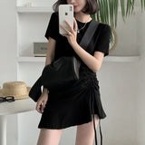 Kukombo Dresses Women Trendy Summer Candy Color Feminine Party Soft Breathable Basic Mini Leisure Hipster O-Neck Retro Chic Bandage Cozy