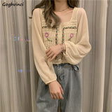 Kukombo Blouse Women Print Casual Simple Hollow Out Teens Square Collar Daily Vintage Harajuku Crop Chic Comfortable College Loose New