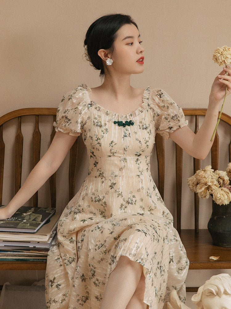 Kukombo Back to school outfit Summer Elegant Jacquard Midi Dress Vinta