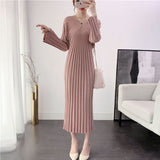 Women Knitted Sweater Maxi Dresses Autumn Winter A-line Casual Long Sleeve Vestido Office Fashion Korean V Neck Midi Robe