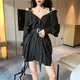 Kukombo Summer Vintage Shirts Strapless Women Blouse Black Tops With Belt Casual Long Shirts Off The Shoulder Top Shirt