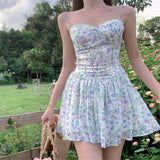 Kukombo  Sexy Strap Floral Dress Women Designer Korean Elegant Sweet Mini Dress Sleeveless Chiffon Slim Fairy Party Dress Summer 2022 New