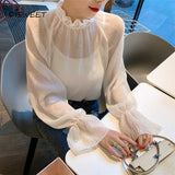 Christmas Gift Korean Loose Bell Sleeve Chiffon Shirt Woman Simple Transparent Slim Ladies Shirt Ladies Casual Wrinkled Solid Blouses Women