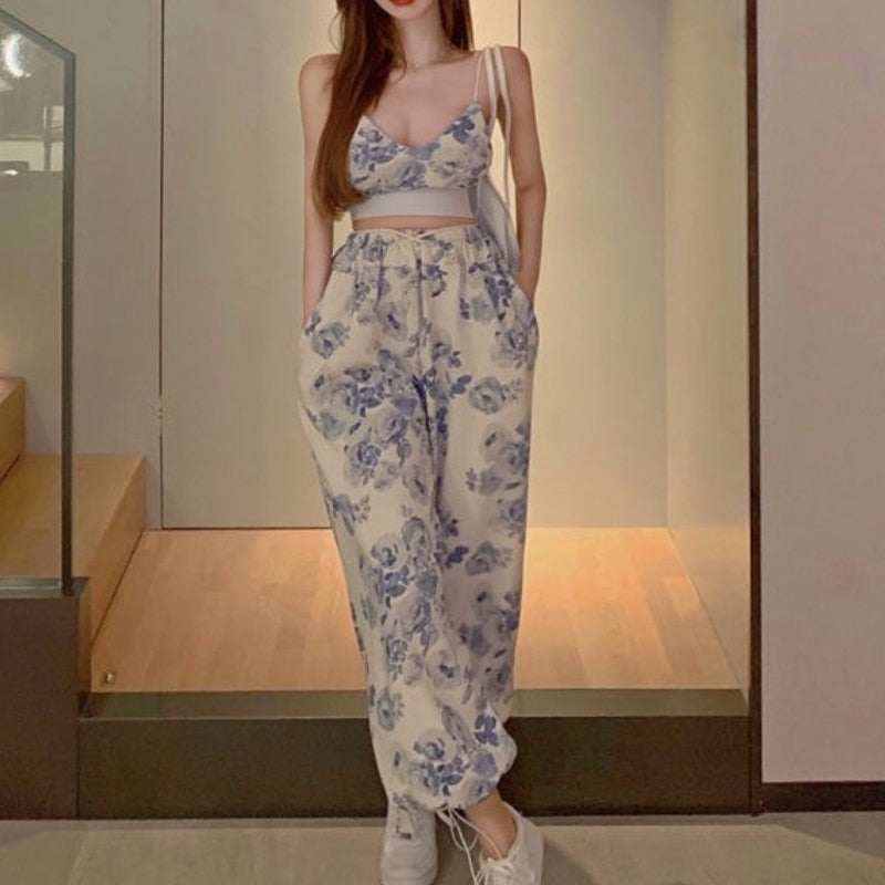 Kukombo Y2k floral Two Piece top pant Set Women Korean Casual High Street Summer Suit elegant Mini Top Long Wide Leg Pants