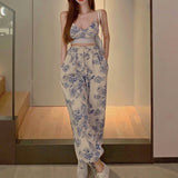 Kukombo Y2k floral Two Piece top pant Set Women Korean Casual High Street Summer Suit elegant Mini Top Long Wide Leg Pants