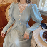 Kukombo Solid Elegant Dress Women Winter Patchwork Lace Party Midi Dress Female Casual French Style Sweet Kawaii Korean Dress Women 2023