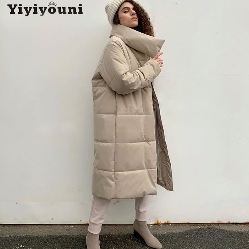 Christmas Gift Yiyiyouni Oversize Thick Long Parkas Women 2021 Winter Warm Button Pockets Cotton Coat Female Wide-Waisted Straight Outerwear