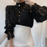 Christmas Gift White Patchwork Shirt Button Hollow Out Tops Korean Chic Lace Blouse Women Flower Stand Collar Blusas Petal Sleeve Blouses 12419