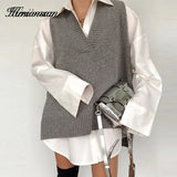 Christmas Gift Hirsionsan V Neck Knitted Sweater Vest Women 2021 New Korean Cashmere Loose Vest Pullovers Female Solid Sleeveless Knitwear