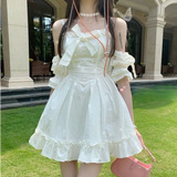 Kukombo White Kawaii Fairy Strap Dress Women Patchwork Off Shoulder Sexy Party Mini Dresses Bow Ruffle Sweet Cute Princess Sundress 2023