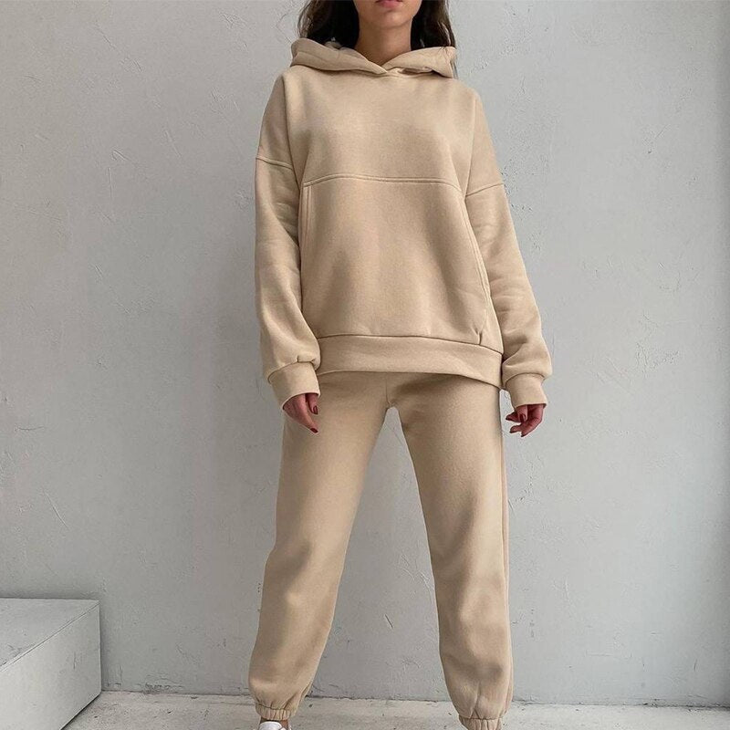 Christmas Gift Casual Women Basic Fleece Two Piece Sets Hooded Pullover Sweatshirt And Pencil Pant Suit 2021 Autumn Winter Streetwear Tracksuit