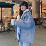Christmas Gift Korean Patchwork Hooded Short Women Parkas Coat Winter Thick Warm Long Sleeve Zipper Female Coats  Loose Ladies Outwear