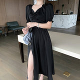Kukombo Midi Dress Women Elegant A-Line Korean Vintage Purple Chiffon Summer Woman 2022 Dresses Party Square Collar Boho Vestidos